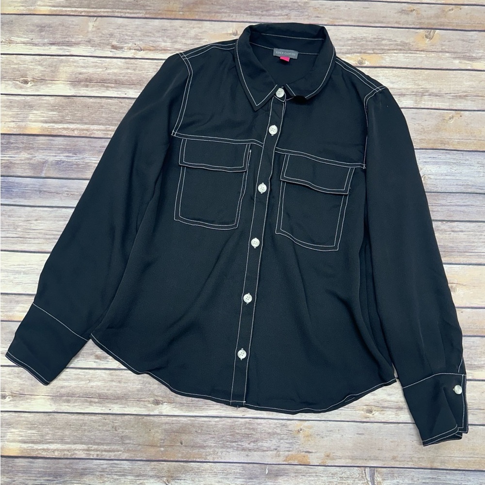 Vince Camuto Women's Contrast Stitch Button Front Collared Top black size S - Picture 3 of 7